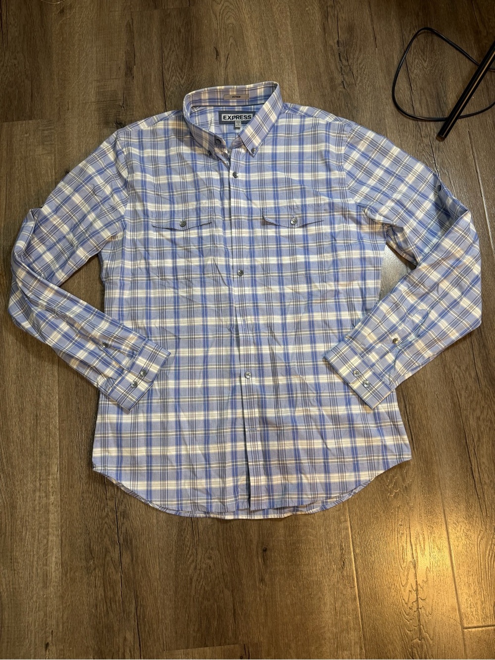 Express Men’s Blue and White Plaid Button-Down Shirt